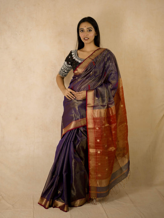 HANDWOVEN PURPLE COLOUR MAHESWARI TISSUE SAREE WITH 76 CM BLOUSE PIECE