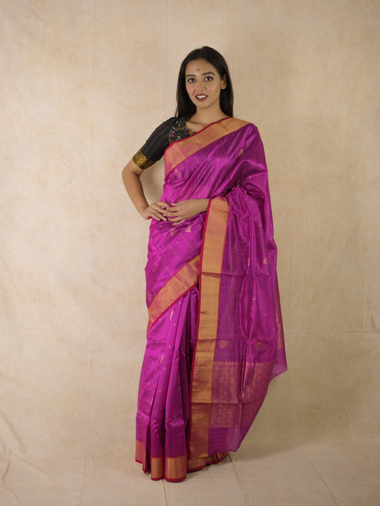 HANDWOVEN RANI PINK COLOUR CHANDERI SILK SAREE WITH 78 CM BLOUSE PIECE