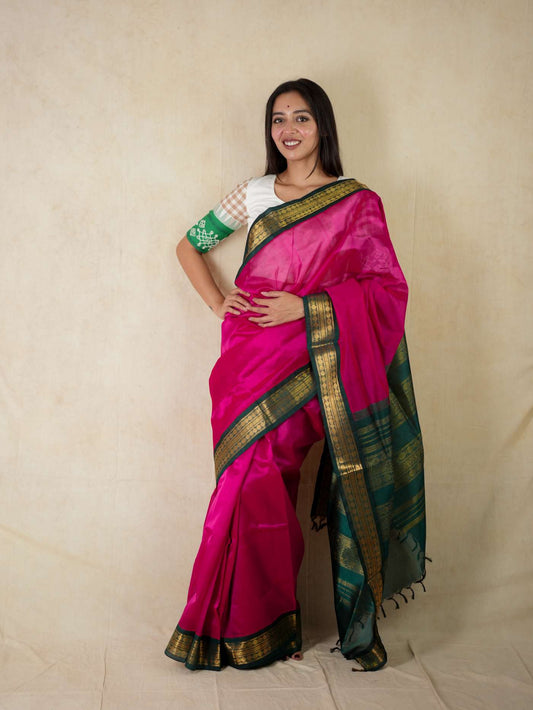 HANDWOVEN RANI PINK COLOUR KANCHIPURAM SILK BY COTTON SAREE WITH 78 CM BLOUSE PIECE