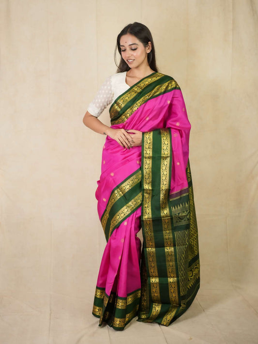 HANDWOVEN RANI PINK COLOUR KANJEEVARAM SILK SAREE WITH 75 CM BLOUSE PIECE