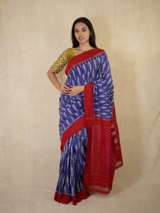 HANDWOVEN RED AND BLUE COLOUR POCHAMPALLY MERCIRISED COTTON SAREE WITH 80 CM BLOUSE PIECE