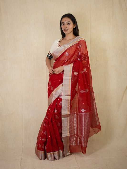 HANDWOVEN RED COLOUR CHANDERI SILK BY COTTON SAREE WITH 1 M BLOUSE PIECE