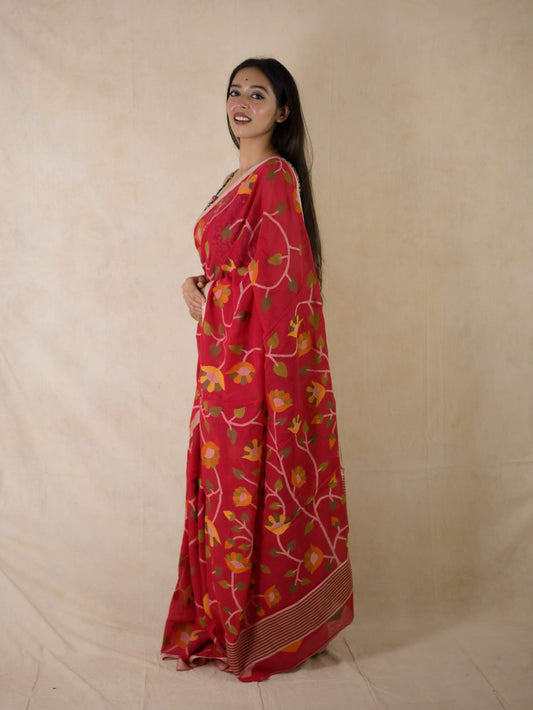 HANDWOVEN RED COLOUR COTTON JAMDANI SAREE WITH 88 CM BLOUSE PIECE