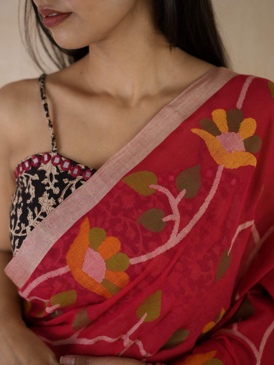 RED COLOUR COTTON HANDLOOM JAMDANI SAREE WITH 88 CM BLOUSE PIECE