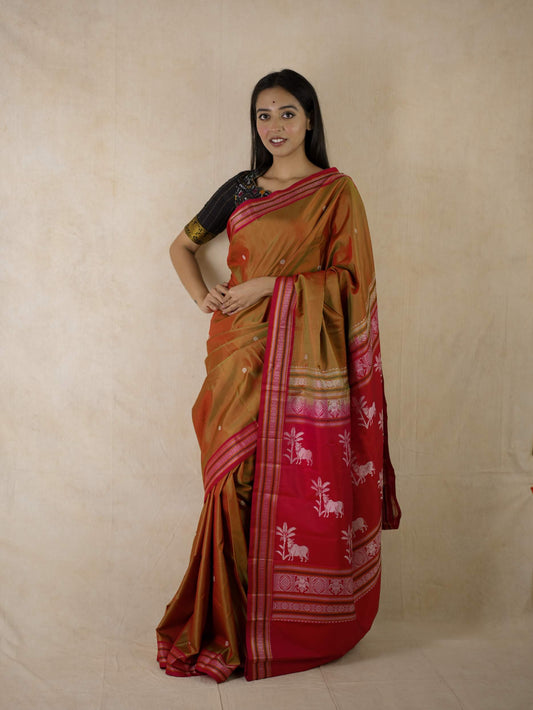 HANDWOVEN RED GREEN DUAL TONE KANJEEVARAM SILK SAREE WITH 76 CM BLOUSE PIECE