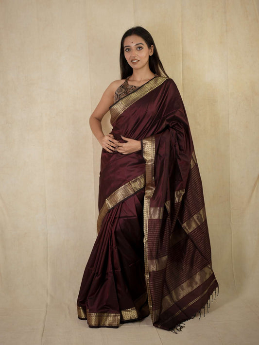HANDWOVEN RICH WINE COLOUR MAHESWARI SILK SAREE WITH 84 CM BLOUSE PIECE