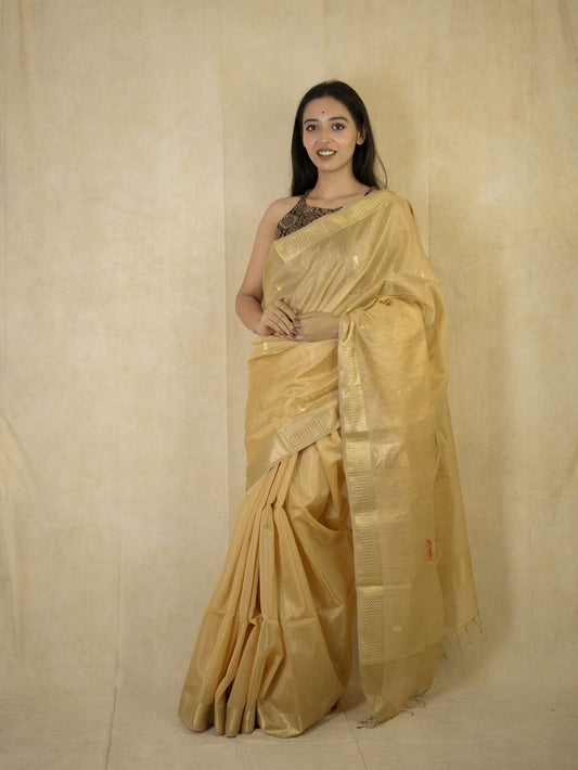 HANDWOVEN SKIN COLOUR MAHESWARI TISSUE SAREE WITH 85 CM BLOUSE PIECE