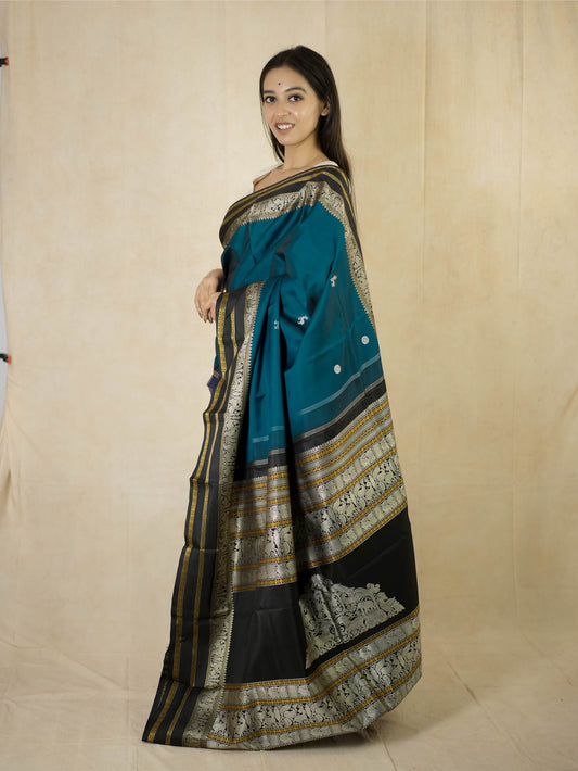 HANDWOVEN TEAL BLUE COLOUR KANJEEVARAM SILK SAREE WITH 72 CM BLOUSE PIECE