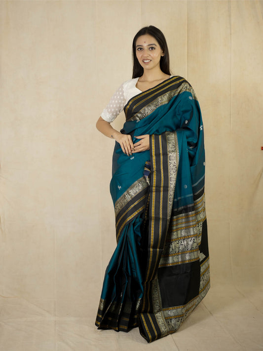HANDWOVEN TEAL BLUE COLOUR KANJEEVARAM SILK SAREE WITH 72 CM BLOUSE PIECE