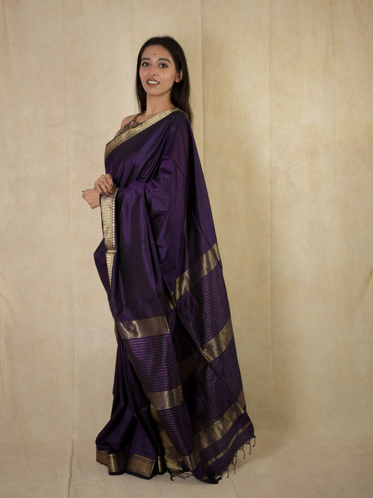 HANDWOVEN VIOLET COLOUR MAHESWARI SILK SAREE WITH 81 CM BLOUSE PIECE