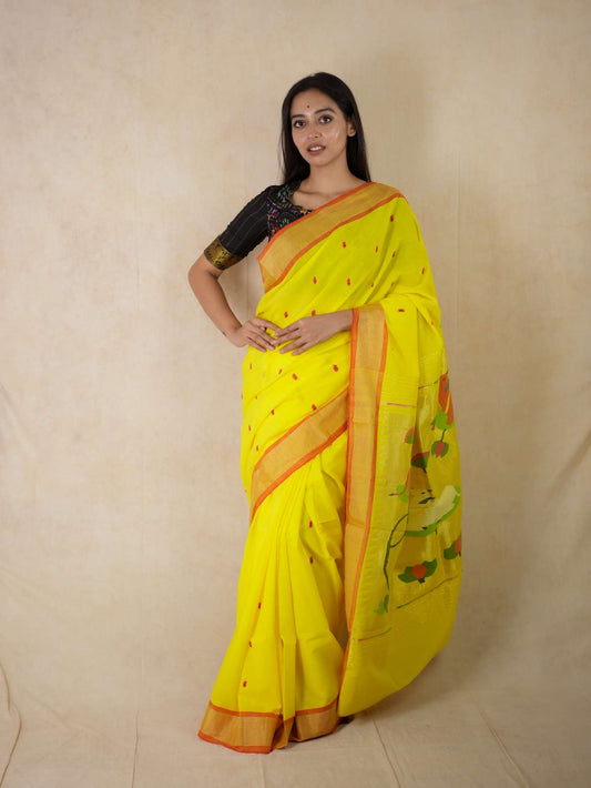 HANDWOVEN YELLOW COLOUR PAITHANI COTTON SAREE WITH 57 CM BLOUSE PIECE