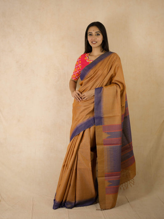 HANDWOVEN YELLOW & GOLDEN DUAL TONE KOSA SILK SAREE WITH 91 CM BLOUSE PIECE