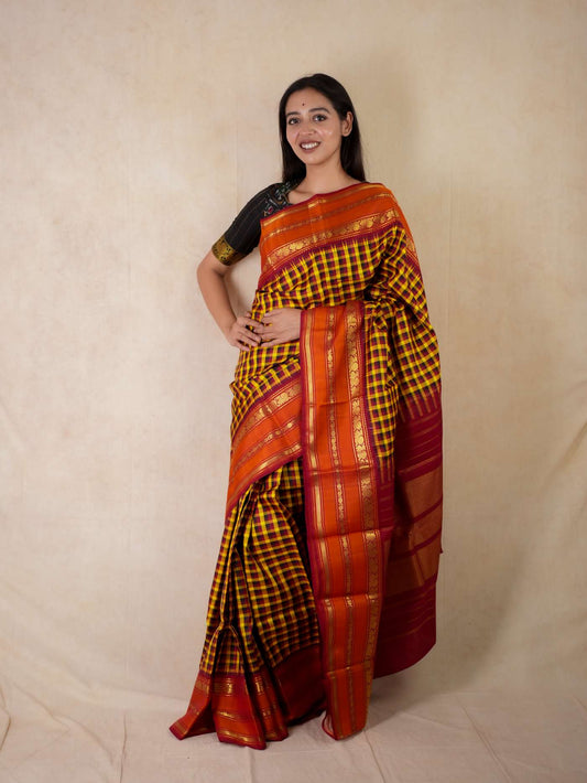 HANDWOVEN YELLOW & MAROON COLOUR KANJEEVARAM SILK SAREE WITH 73 CM BLOUSE PIECE