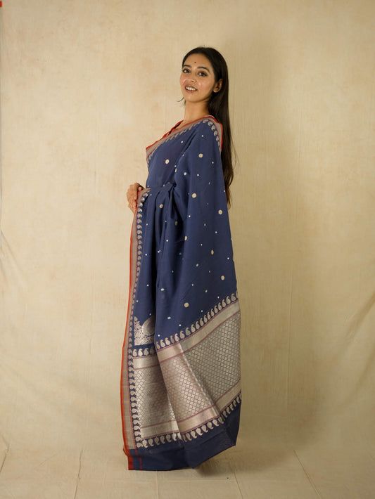 PURE COTTON BLUE COLOUR BENARASI SAREE WITH 1.05 M BLOUSE PIECE