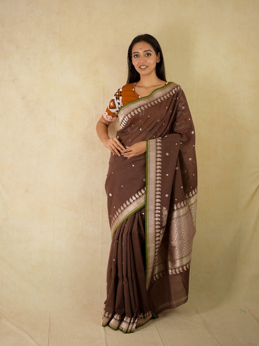 PURE COTTON DARK BROWN COLOUR BENARASI SAREE WITH 95 CM BLOUSE PIECE