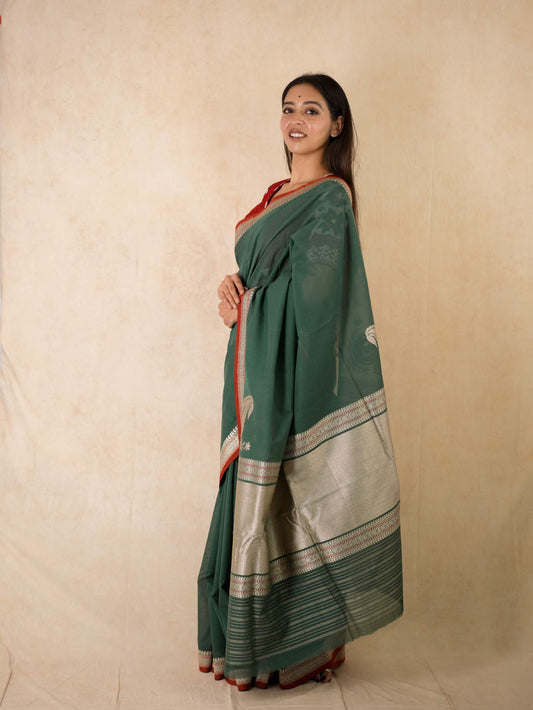 PURE COTTON GREEN COLOUR BENARASI SAREE WITH 95 CM BLOUSE PIECE