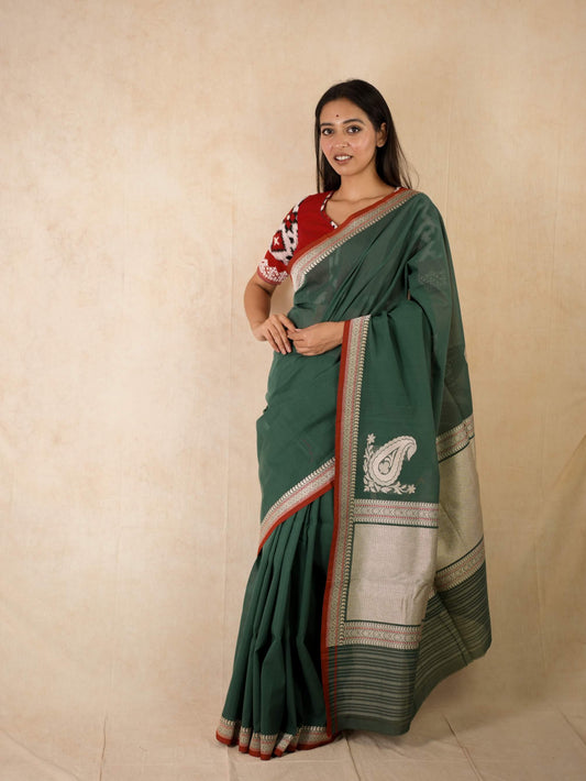 PURE COTTON GREEN COLOUR BENARASI SAREE WITH 95 CM BLOUSE PIECE