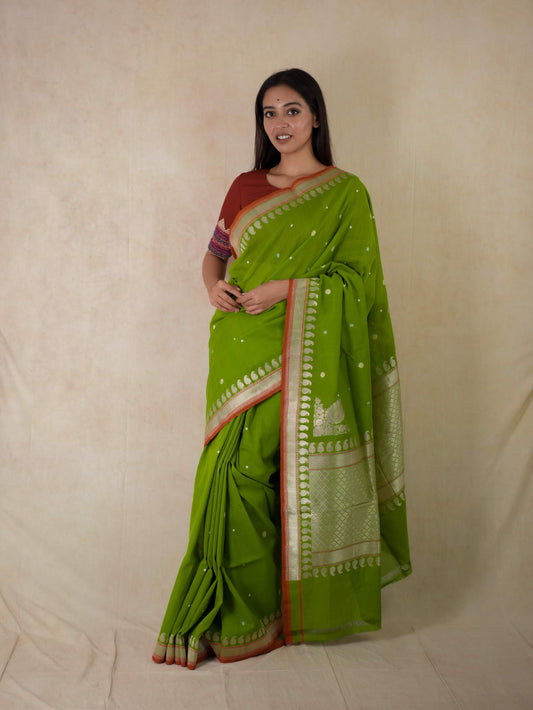 PURE COTTON LIGHT GREEN COLOUR BENARASI SAREE WITH 1.03 M BLOUSE PIECE