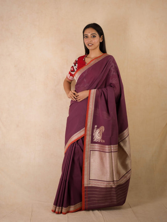 PURE COTTON PURPLE COLOUR BENARASI SAREE WITH 96 CM BLOUSE PIECE