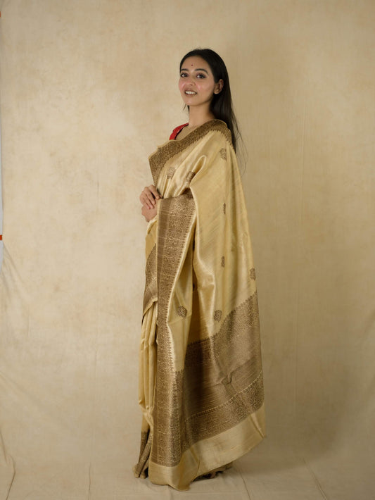 PURE DUPION SILK COFFEE CREAM COLOUR BENARASI SAREE WITH 90 CM BLOUSE PIECE