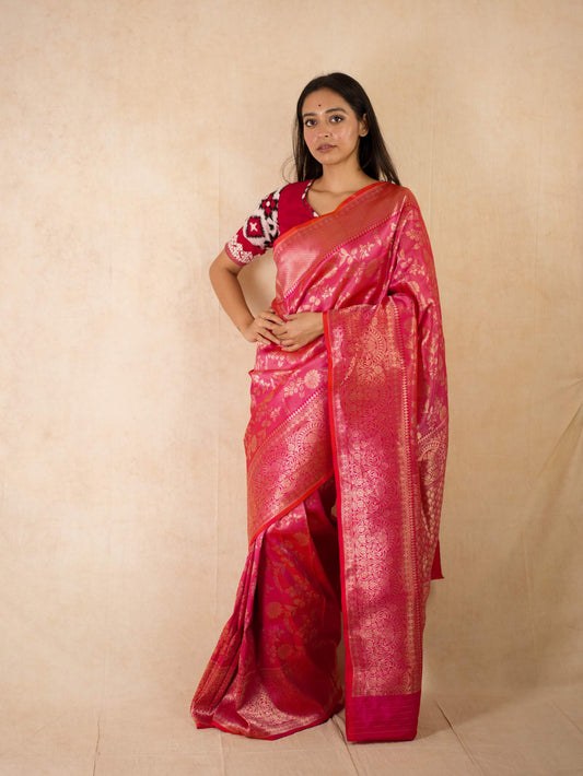 PURE KATAN SILK PINK ORANGE DUAL TONE BANARASI SAREE WITH 97 CM BLOUSE PIECE
