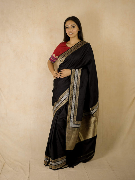 PURE MASHRU SILK BLACK COLOUR BENARASI SAREE WITH 96 CM BLOUSE PIECE