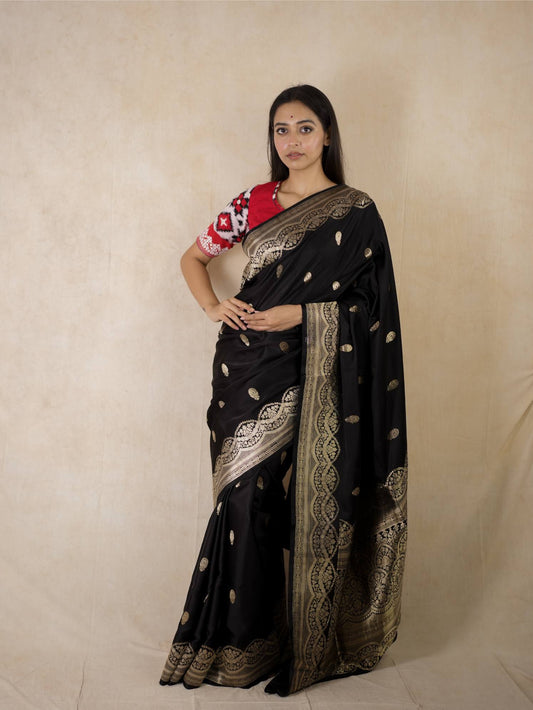 PURE MASHRU SILK BLACK COLOUR BENARASI SAREE WITH 96 CM BLOUSE PIECE