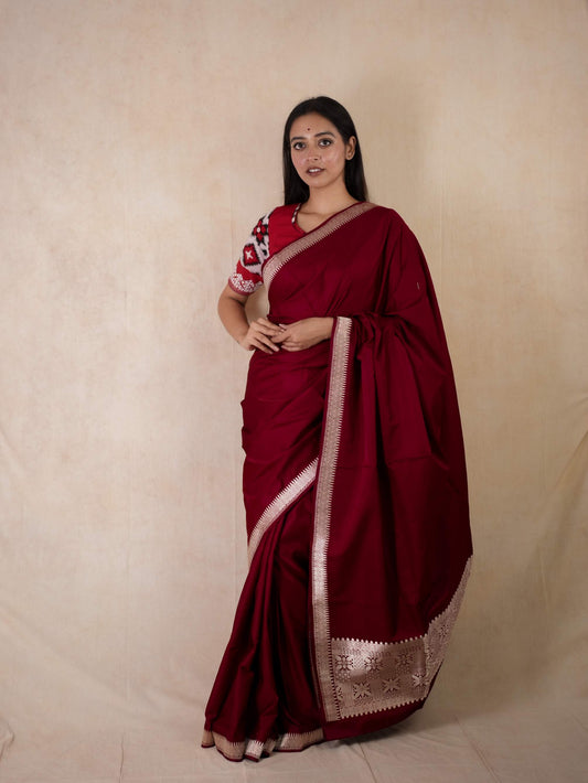 PURE MASHRU SILK RED COLOUR BENARASI MAROONISH SAREE WITH 1 M BLOUSE PIECE