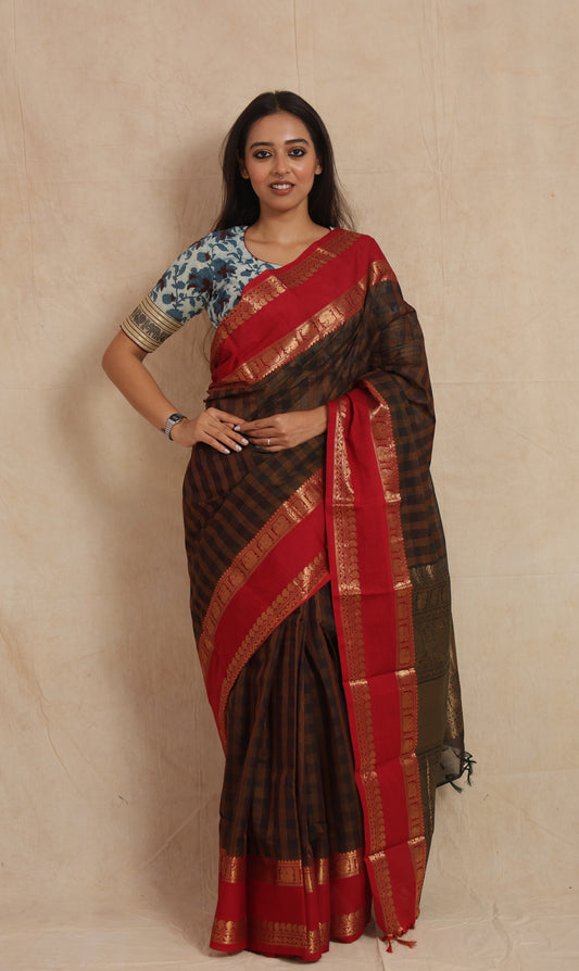 Kanchipuram Cotton Saree Brown Checks with Red Border & Rich Pallu
