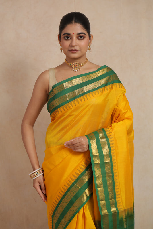 Front portrait of golden yellow Kanchipuram Sico saree with traditional green border