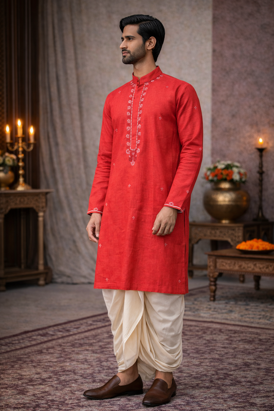 Coral Cotton Kurta with White Floral Embroidered Placket Design