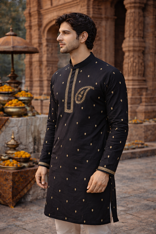 Black Silk Blend Kurta with Intricate Golden Embroidered Neckline