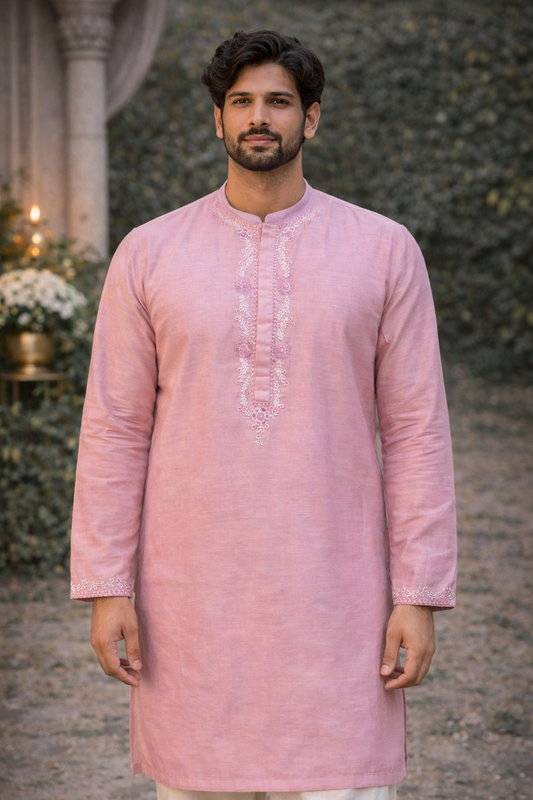 Elegant Pink Silk Blend Kurta with Floral Embroidery
