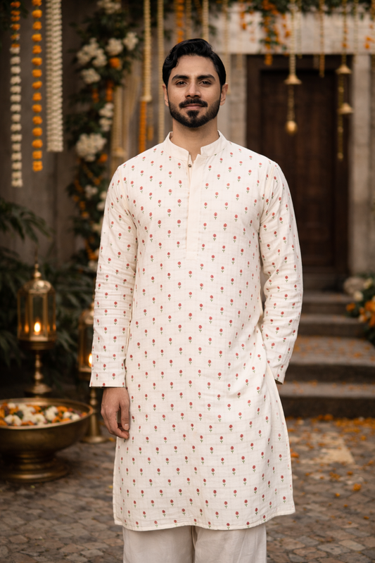 Elegant Off White Cotton Kurta with Floral Butta Print
