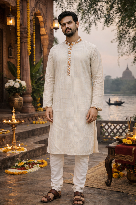 Elegant Cream Embroidered Silk Blend Kurta for Festive Celebrations