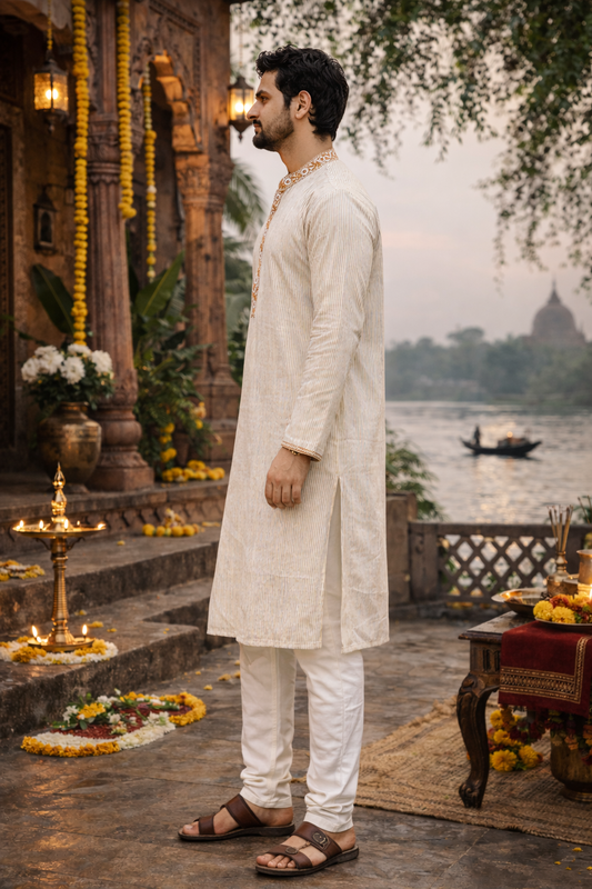 Elegant Cream Embroidered Silk Blend Kurta for Festive Celebrations