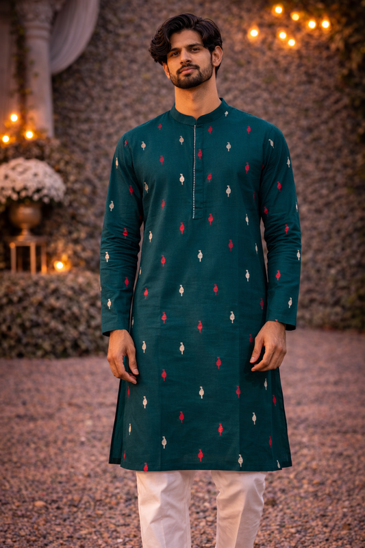 Elegant Emerald Printed Cotton Kurta for Modern Festive Style