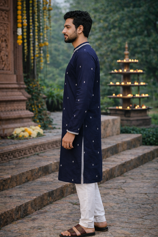 Classic Navy Blue Embroidered Cotton Kurta for Festive Grace