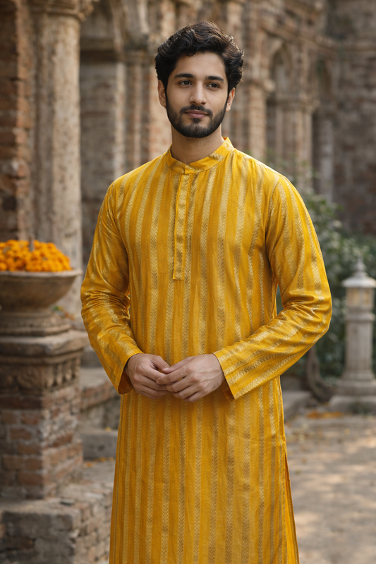 Yellow Silk Blend Kurta with Vertical Golden Woven Stripe Motifs