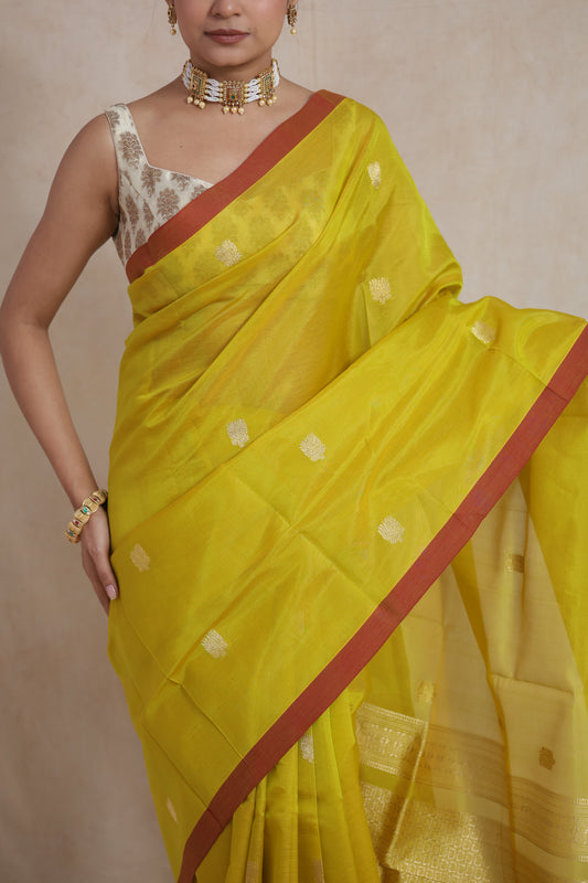 Close-up of lime yellow Kanchipuram Sico saree with delicate zari buttas