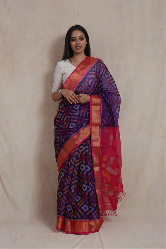 Full front view of purple and pink Panchampali SICO saree