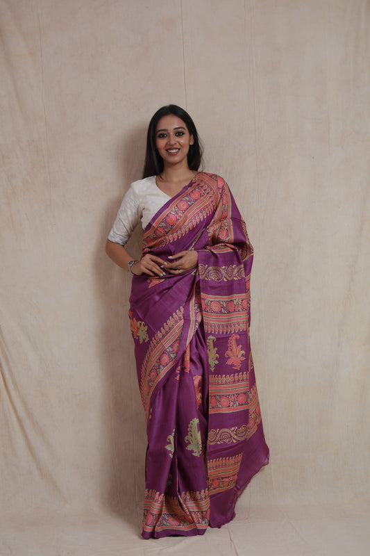 Full-length view of royal purple Tussar Batik print saree