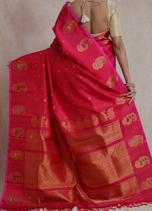 Rani Pink Gadwal Silk Saree with Gold Paisley Woven Motifs & Rich Traditional Pallu