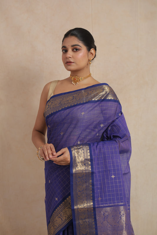 Close-up of royal blue Kanchipuram cotton saree with woven checks