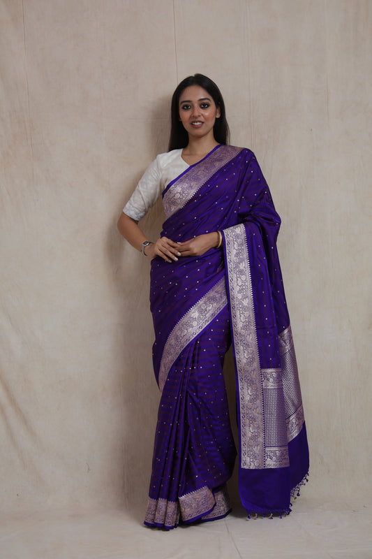 Full front view of royal indigo Banarasi Art Silk saree with silver woven border