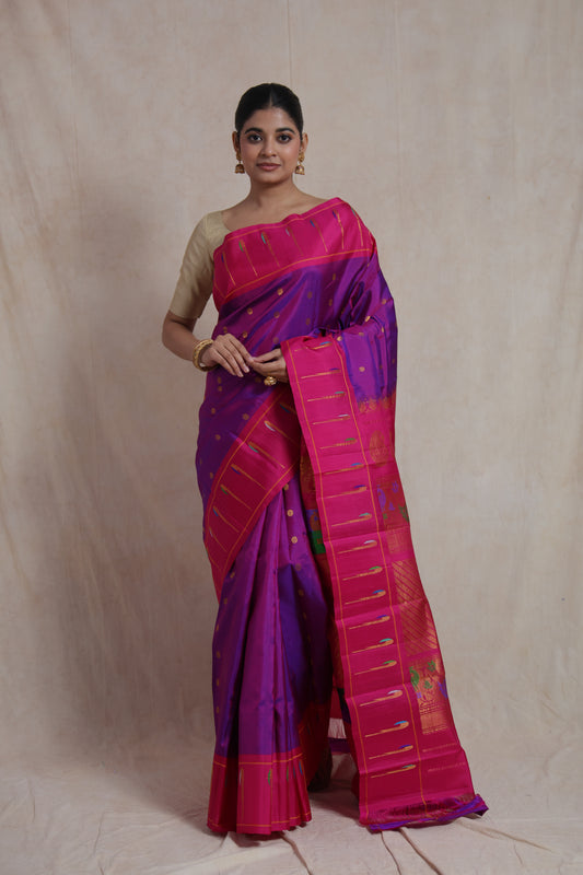 Full drape view of royal purple Gadwal silk saree with traditional zari weaving