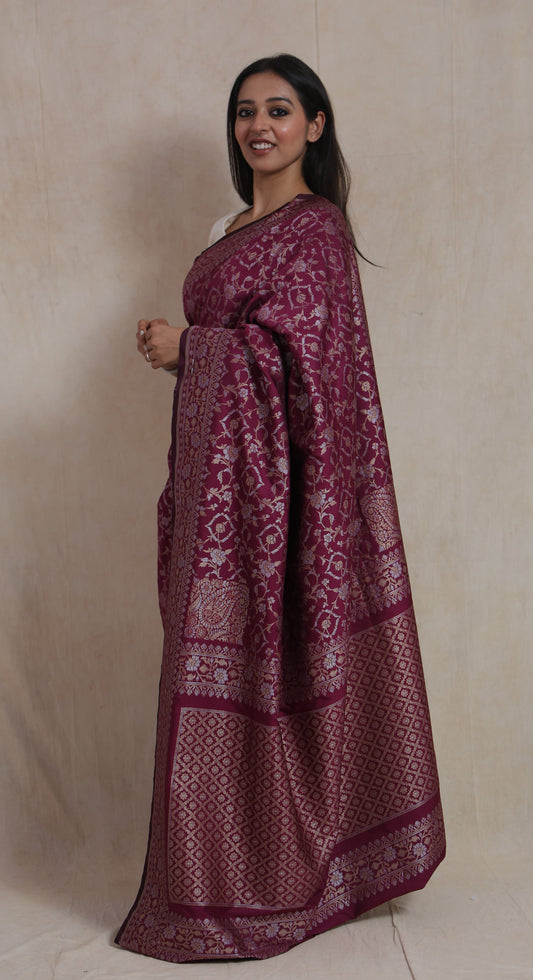 Royal Wine Banarasi Art Silk Saree with Floral Zari Weaving
