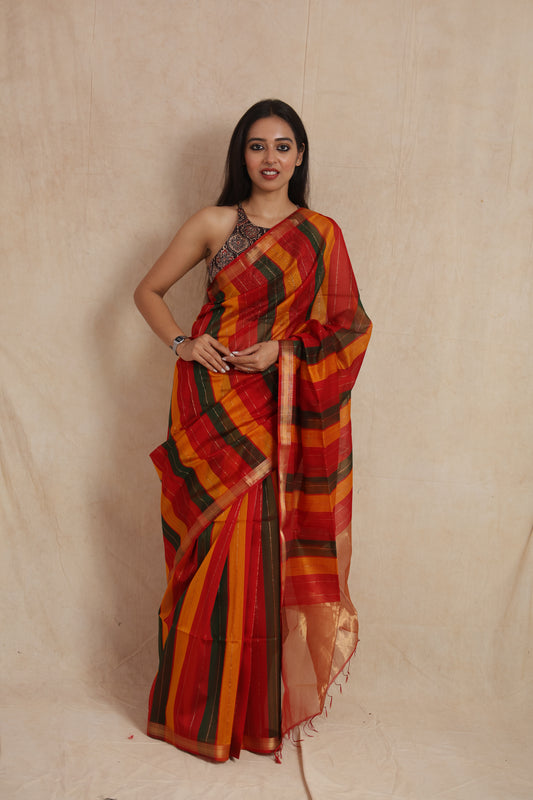 Front view of striped Maheshwari cotton saree in red mustard and green