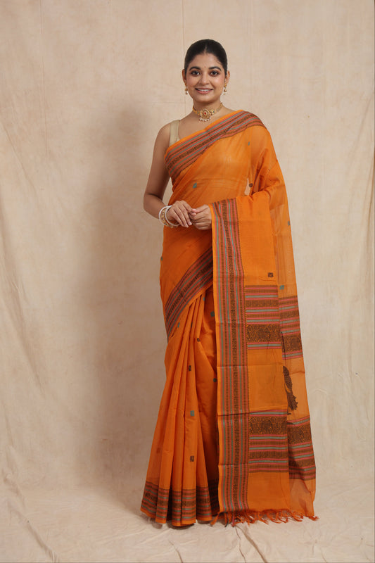 Sunset orange Kanchipuram handloom cotton saree with woven buttas and traditional border