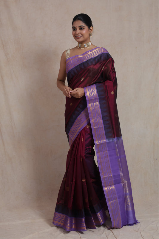 Full view of wine purple Kanjipuram silk cotton saree with lavender zari border
